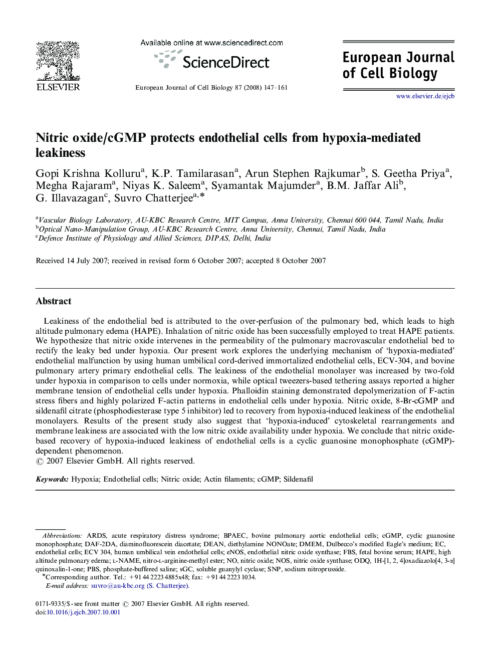 Nitric oxide/cGMP protects endothelial cells from hypoxia-mediated leakiness