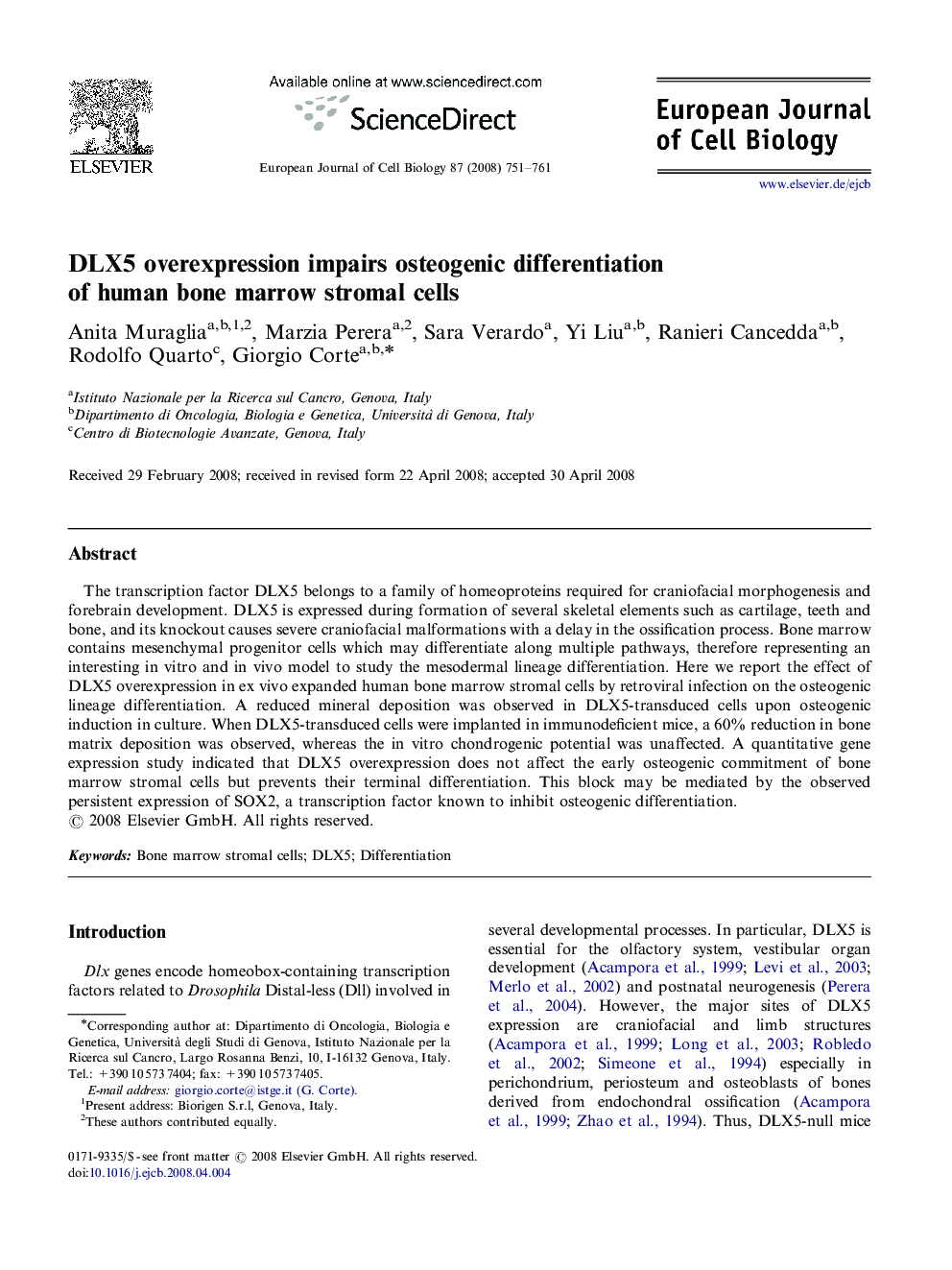 DLX5 overexpression impairs osteogenic differentiation of human bone marrow stromal cells