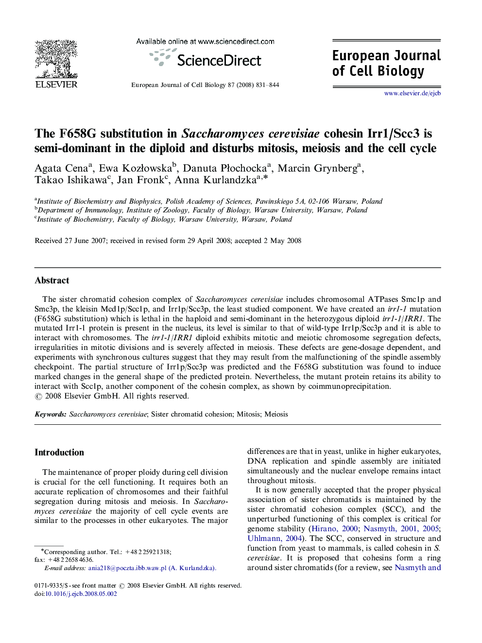 The F658G substitution in Saccharomyces cerevisiae cohesin Irr1/Scc3 is semi-dominant in the diploid and disturbs mitosis, meiosis and the cell cycle