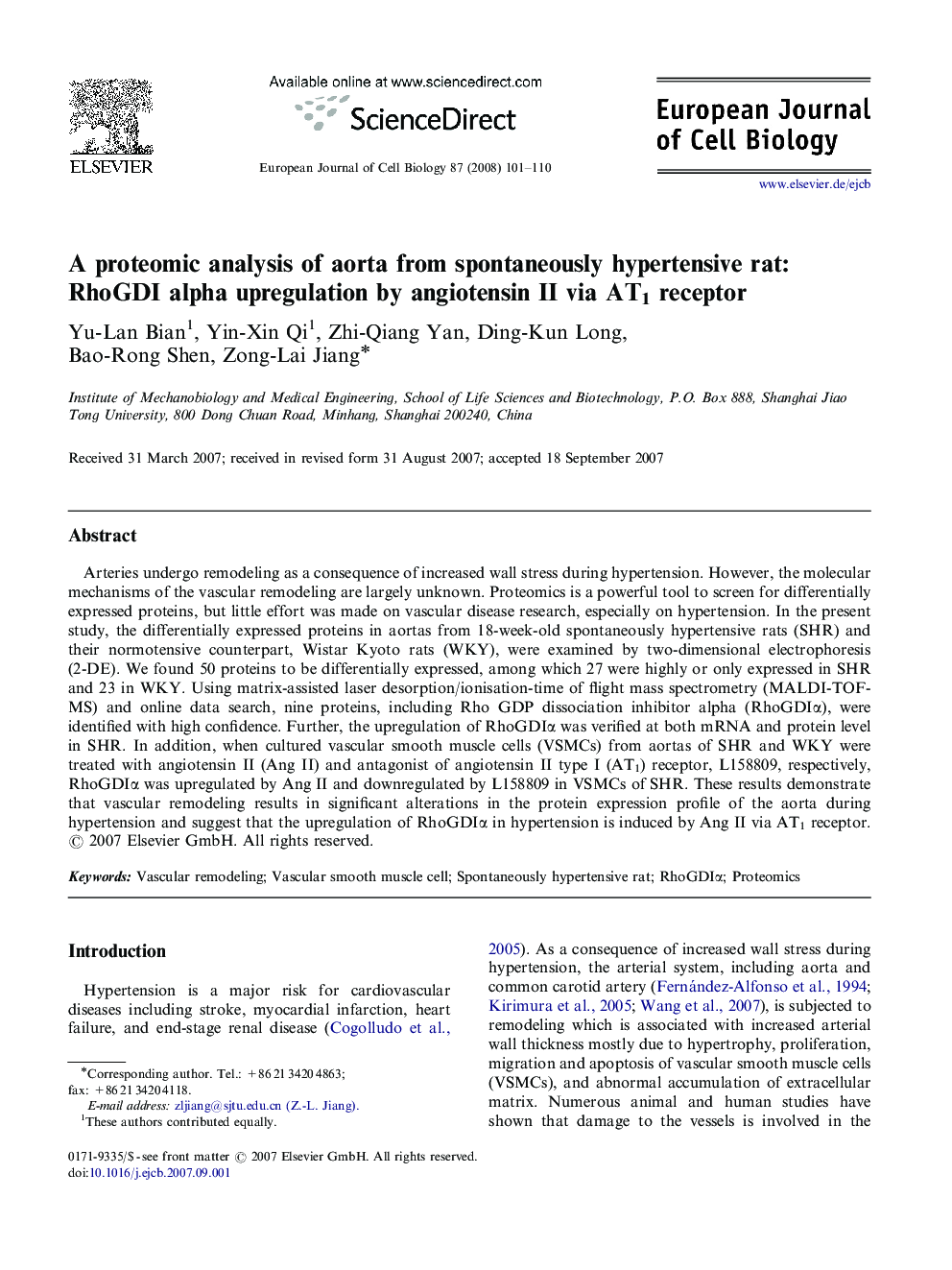 A proteomic analysis of aorta from spontaneously hypertensive rat: RhoGDI alpha upregulation by angiotensin II via AT1 receptor