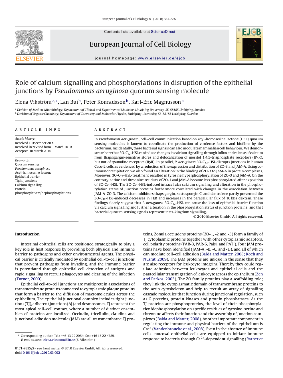 Role of calcium signalling and phosphorylations in disruption of the epithelial junctions by Pseudomonas aeruginosa quorum sensing molecule