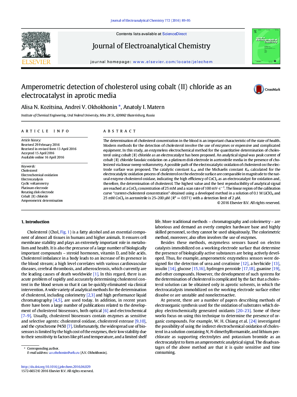 Amperometric detection of cholesterol using cobalt (II) chloride as an electrocatalyst in aprotic media