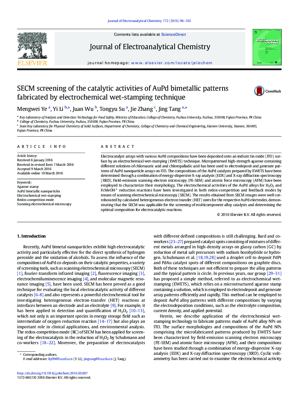 SECM screening of the catalytic activities of AuPd bimetallic patterns fabricated by electrochemical wet-stamping technique