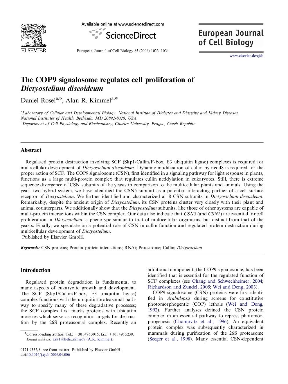 The COP9 signalosome regulates cell proliferation of Dictyostelium discoideum