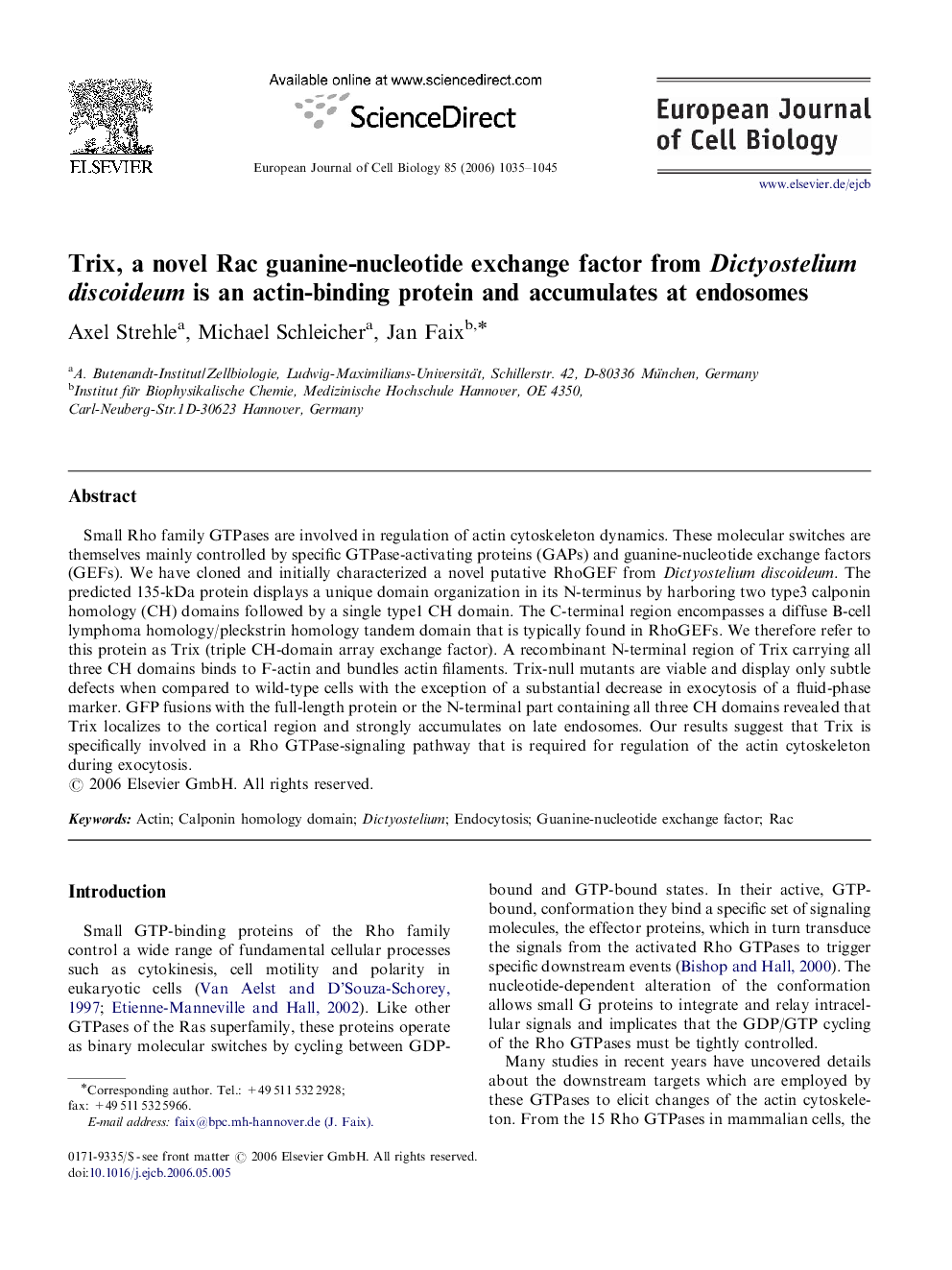 Trix, a novel Rac guanine-nucleotide exchange factor from Dictyostelium discoideum is an actin-binding protein and accumulates at endosomes