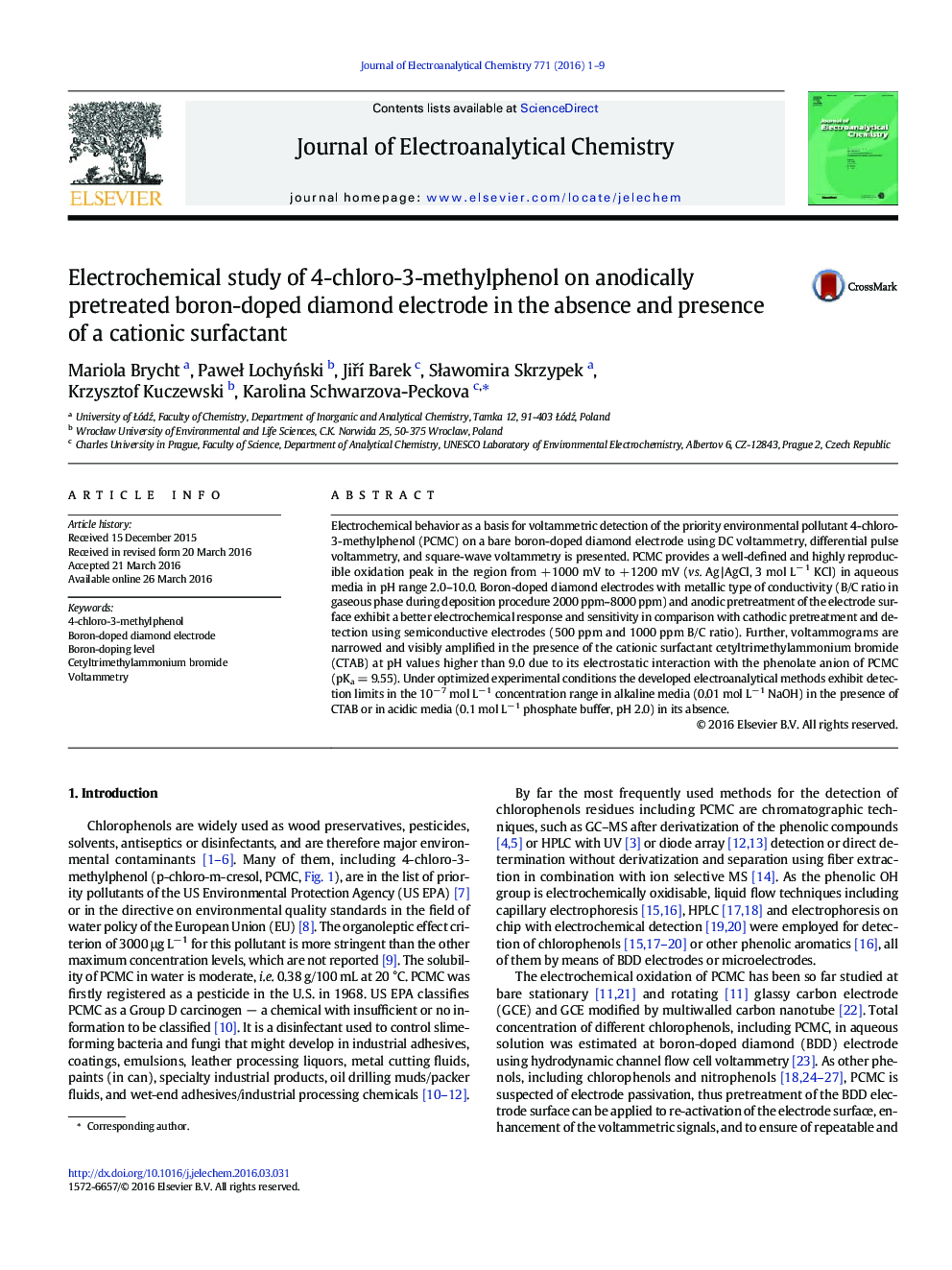 Electrochemical study of 4-chloro-3-methylphenol on anodically pretreated boron-doped diamond electrode in the absence and presence of a cationic surfactant