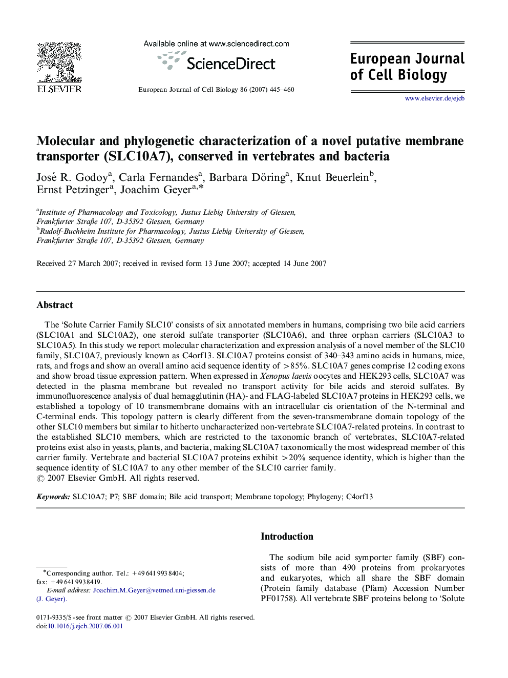 Molecular and phylogenetic characterization of a novel putative membrane transporter (SLC10A7), conserved in vertebrates and bacteria