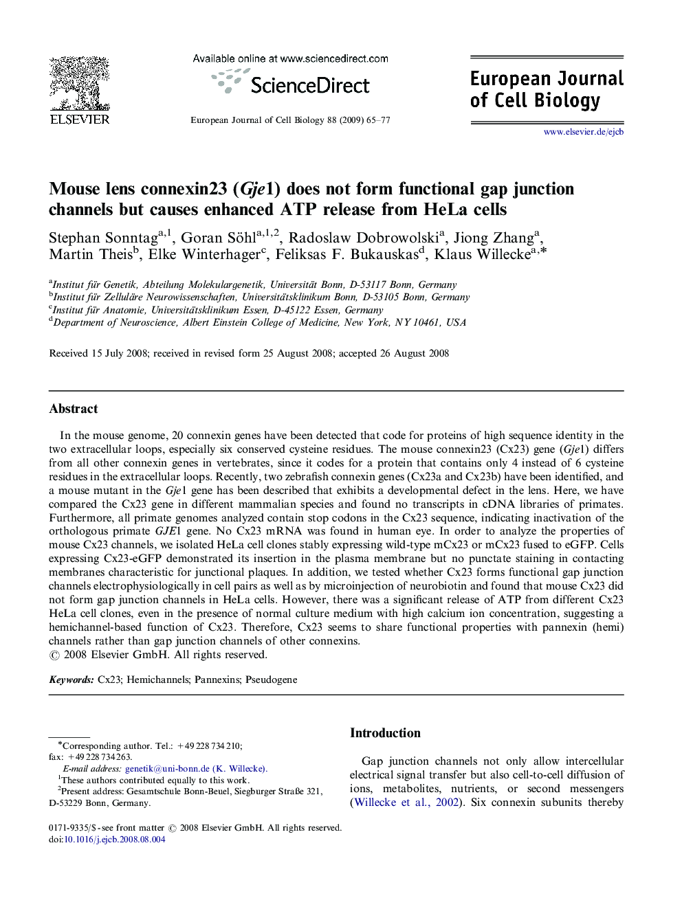 Mouse lens connexin23 (Gje1) does not form functional gap junction channels but causes enhanced ATP release from HeLa cells