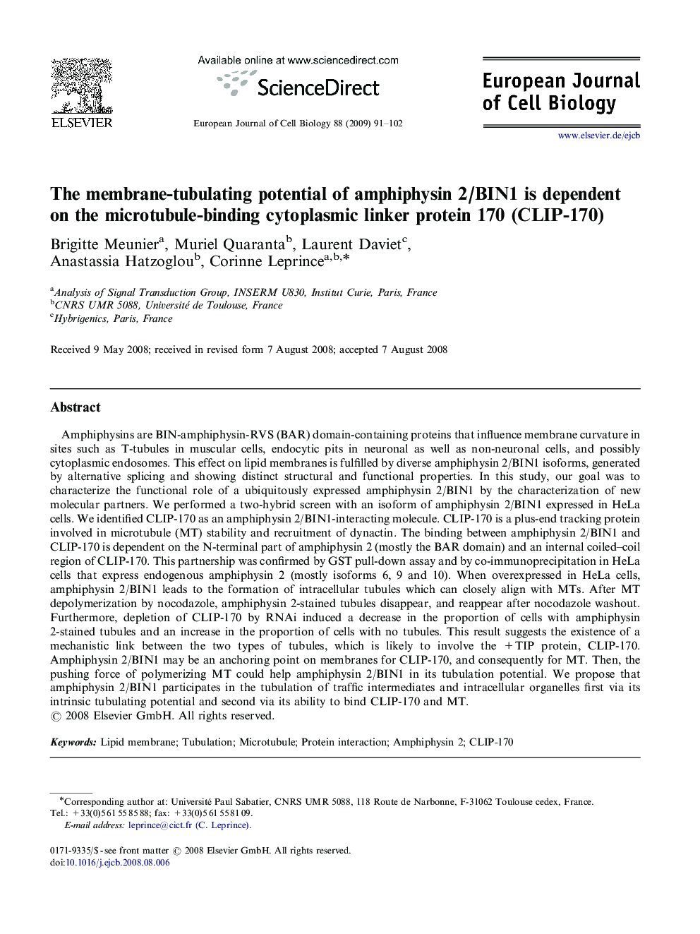 The membrane-tubulating potential of amphiphysin 2/BIN1 is dependent on the microtubule-binding cytoplasmic linker protein 170 (CLIP-170)