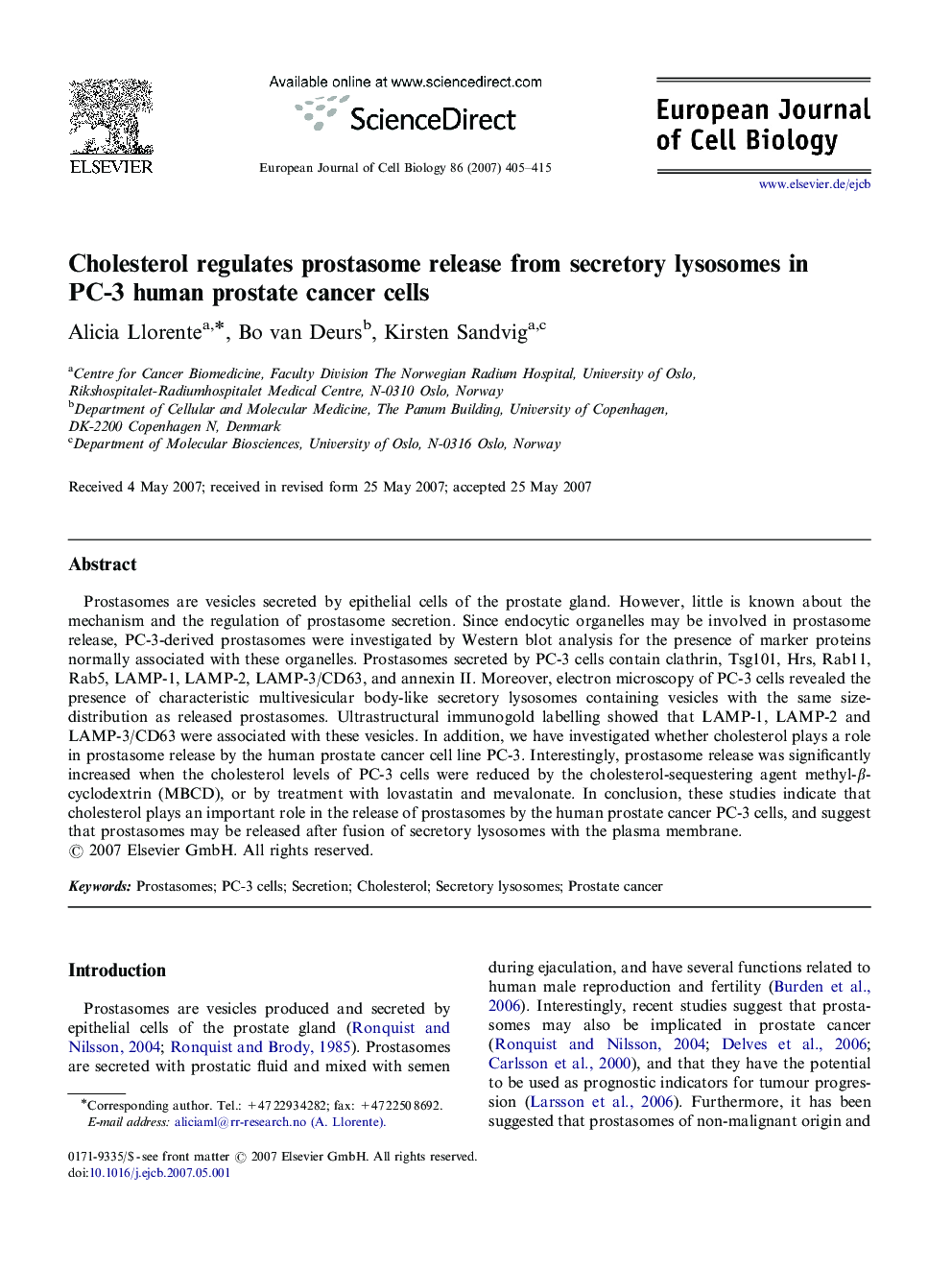 Cholesterol regulates prostasome release from secretory lysosomes in PC-3 human prostate cancer cells