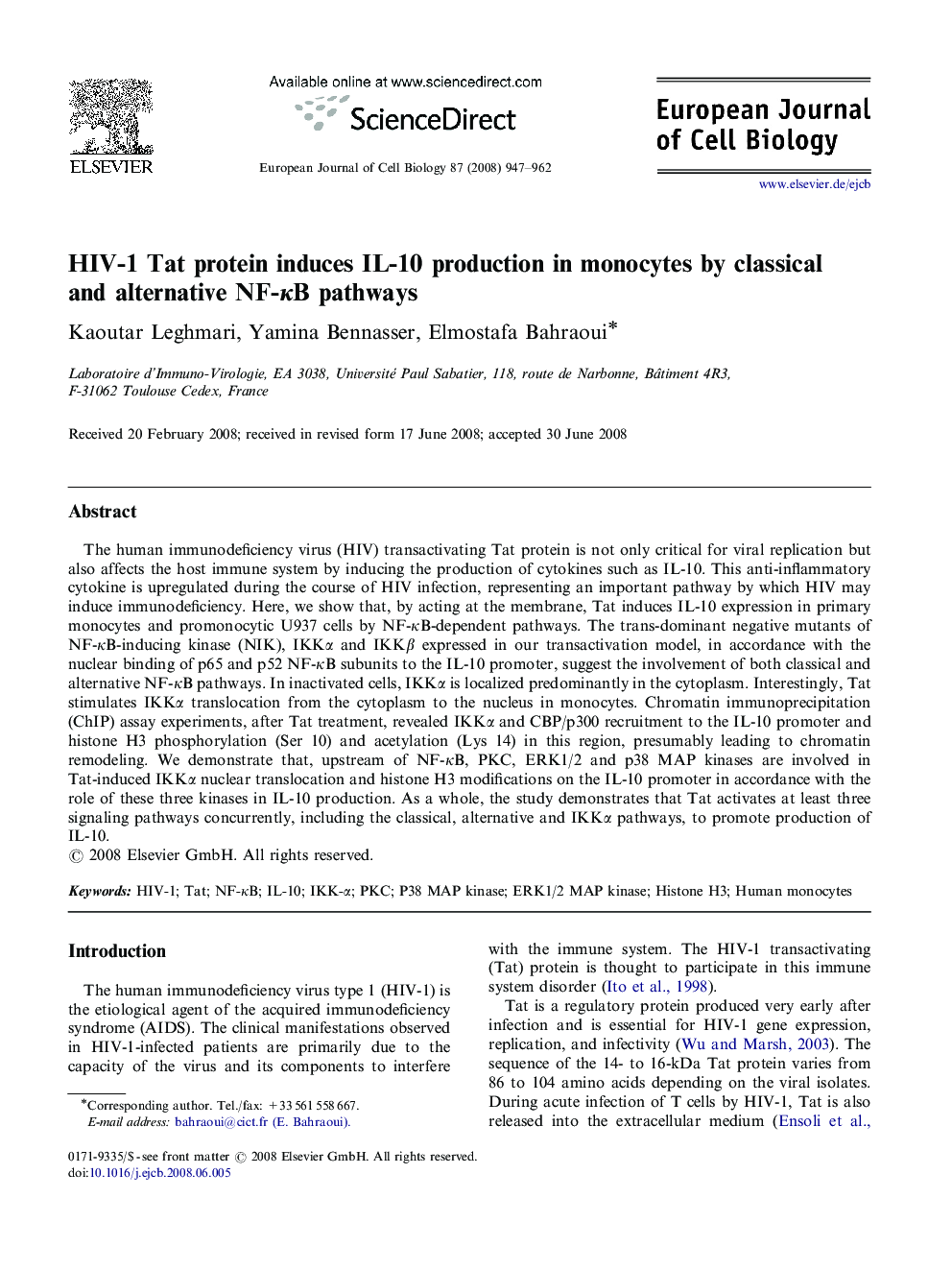 HIV-1 Tat protein induces IL-10 production in monocytes by classical and alternative NF-κB pathways