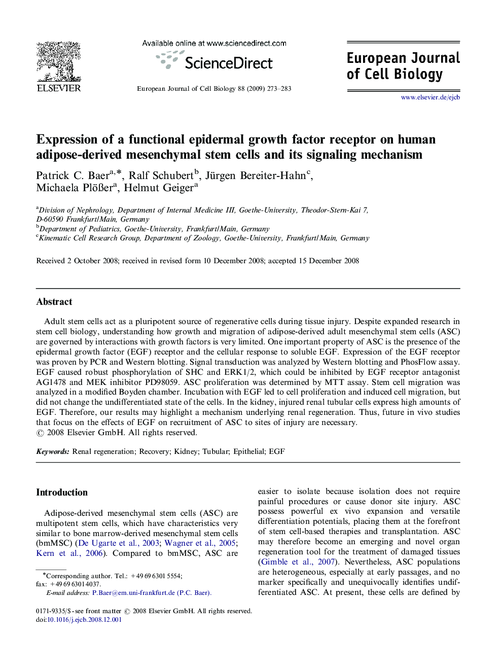 Expression of a functional epidermal growth factor receptor on human adipose-derived mesenchymal stem cells and its signaling mechanism