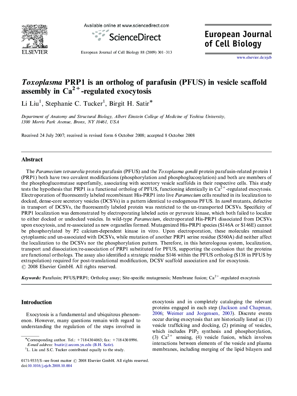 Toxoplasma PRP1 is an ortholog of parafusin (PFUS) in vesicle scaffold assembly in Ca2+-regulated exocytosis