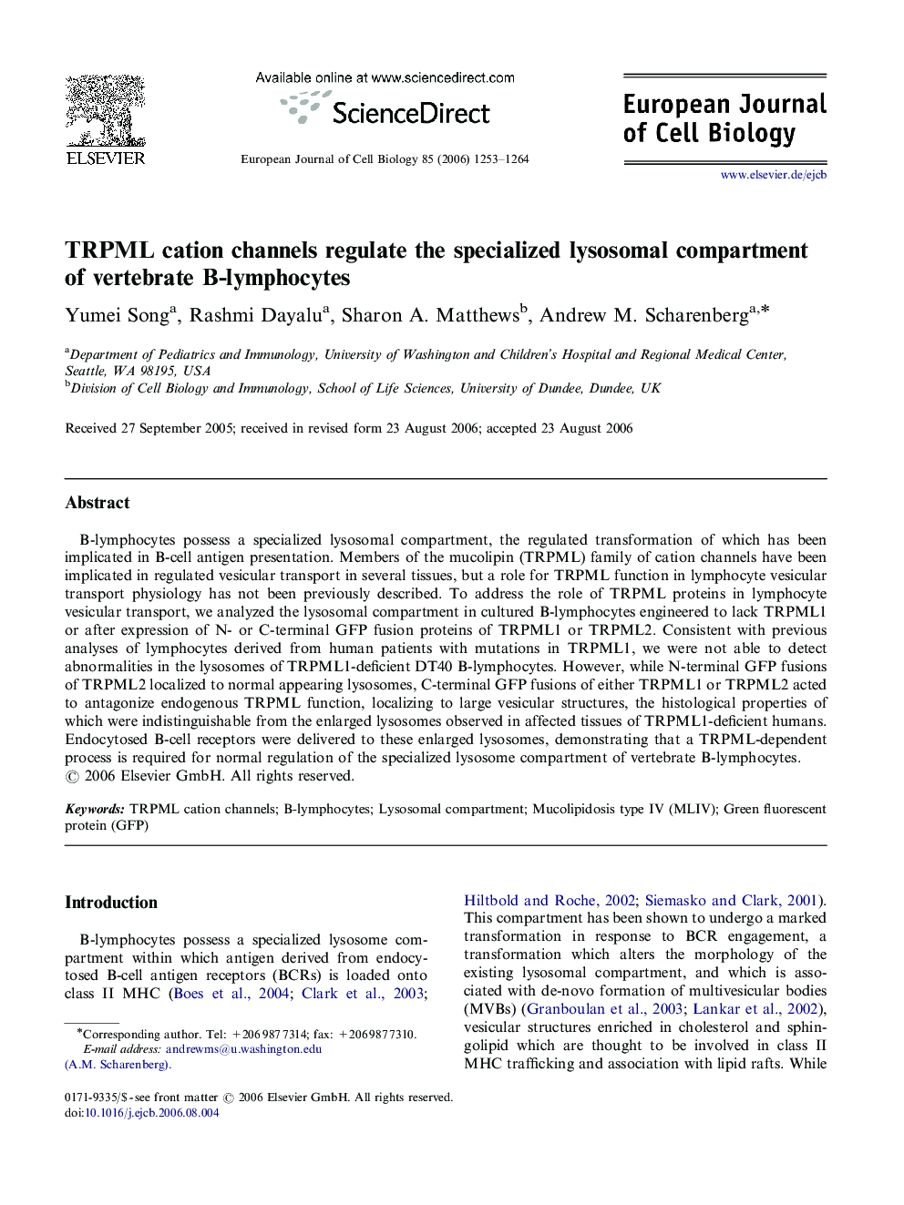 TRPML cation channels regulate the specialized lysosomal compartment of vertebrate B-lymphocytes