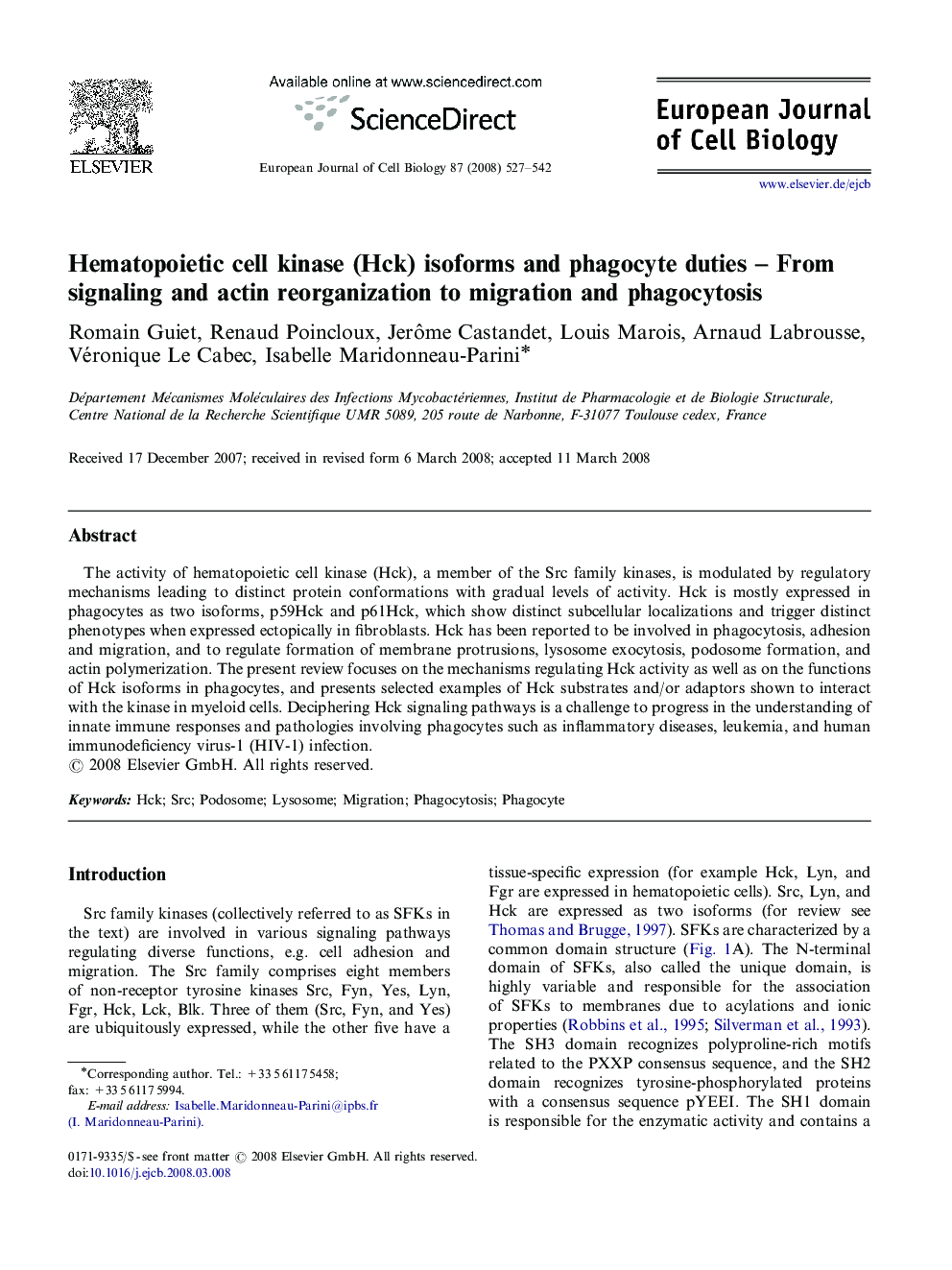 عکس صفحه اول مقاله: Hematopoietic cell kinase (Hck) isoforms and phagocyte duties – From signaling and actin reorganization to migration and phagocytosis Hematopoietic cell kinase (Hck) isoforms and phagocyte duties – From signaling and actin reorganization to migration and phagocytosis