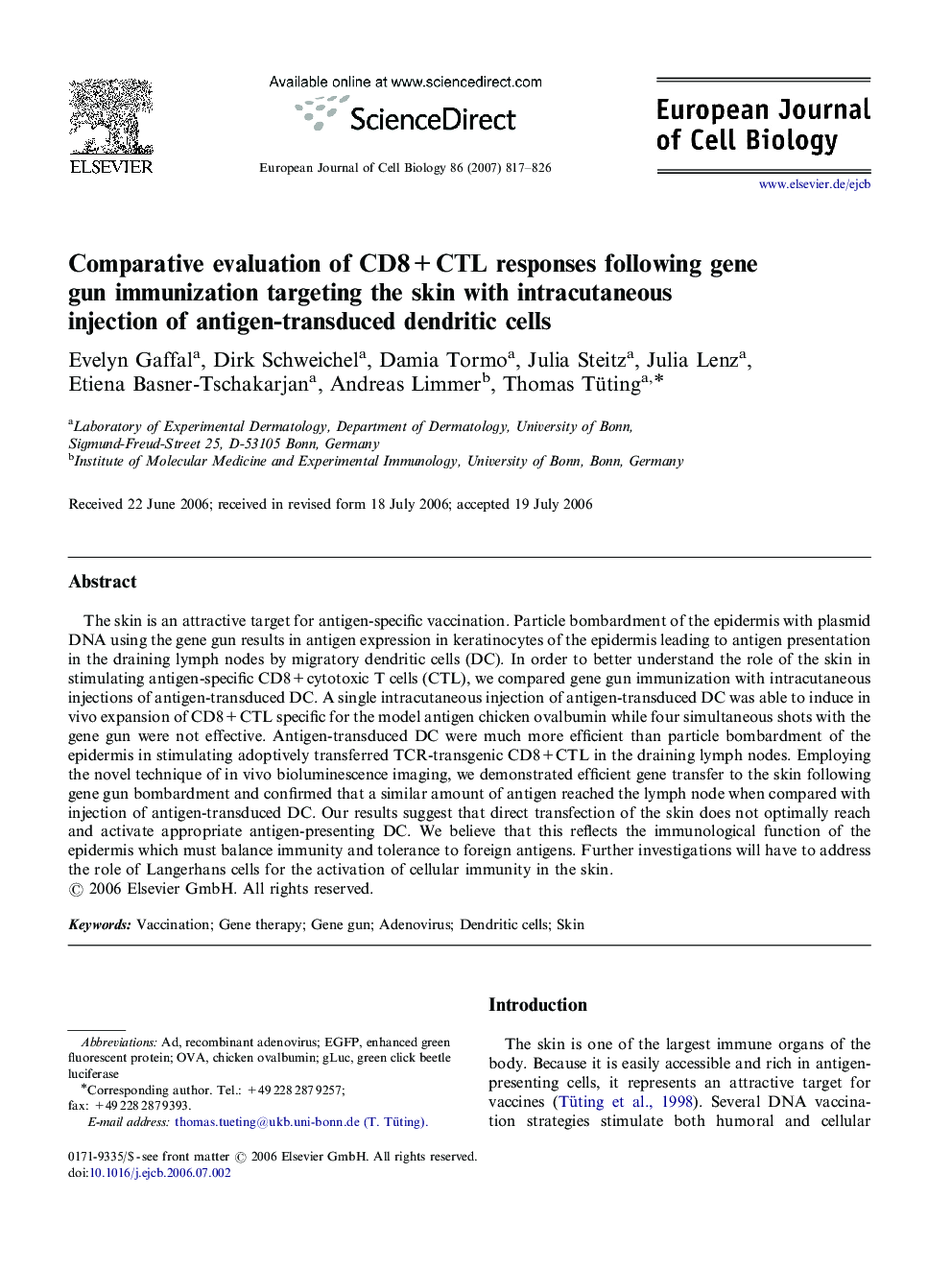 Comparative evaluation of CD8+CTL responses following gene gun immunization targeting the skin with intracutaneous injection of antigen-transduced dendritic cells