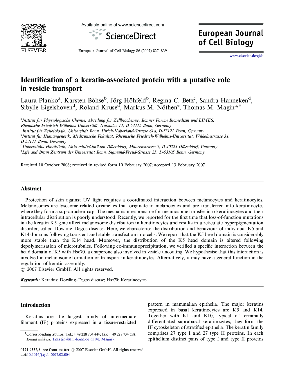 Identification of a keratin-associated protein with a putative role in vesicle transport