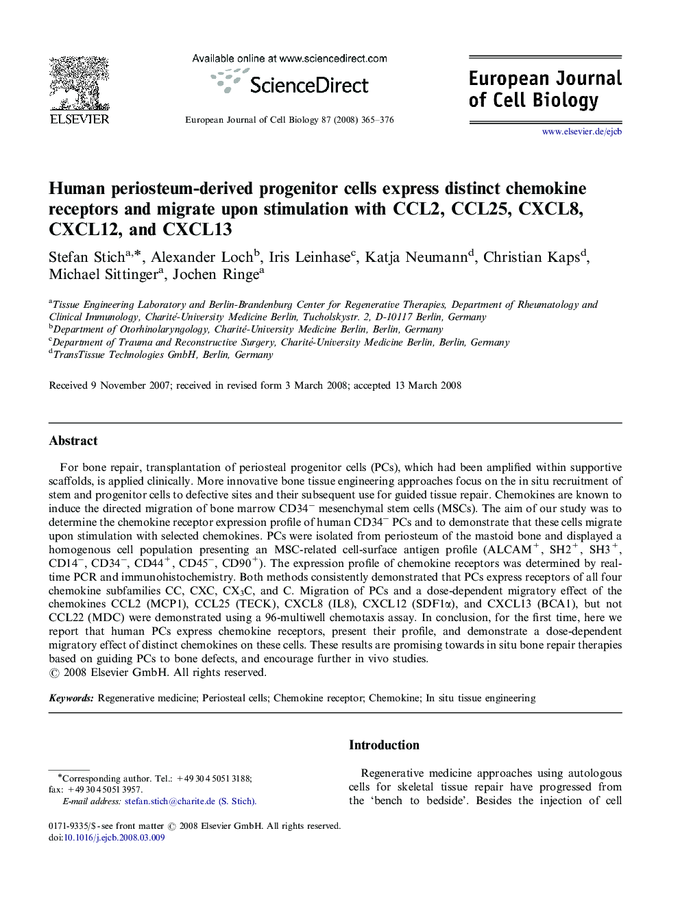 Human periosteum-derived progenitor cells express distinct chemokine receptors and migrate upon stimulation with CCL2, CCL25, CXCL8, CXCL12, and CXCL13