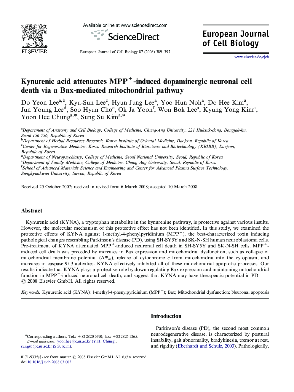 Kynurenic acid attenuates MPP+-induced dopaminergic neuronal cell death via a Bax-mediated mitochondrial pathway