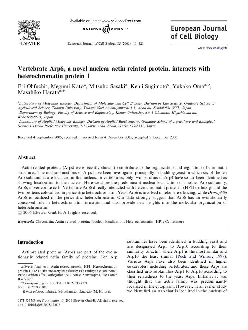 Vertebrate Arp6, a novel nuclear actin-related protein, interacts with heterochromatin protein 1