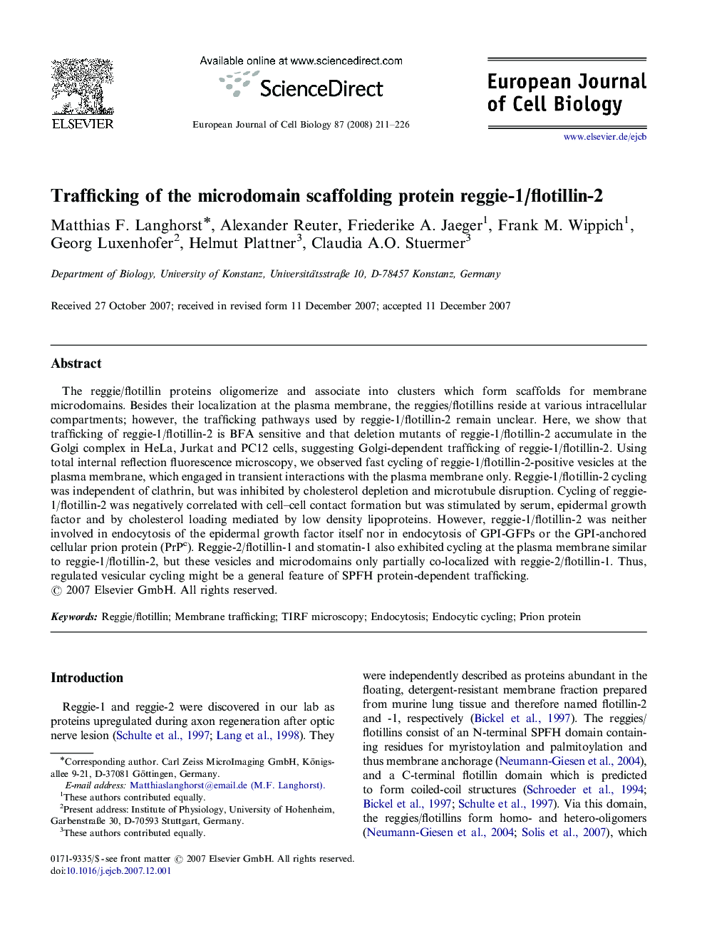 Trafficking of the microdomain scaffolding protein reggie-1/flotillin-2