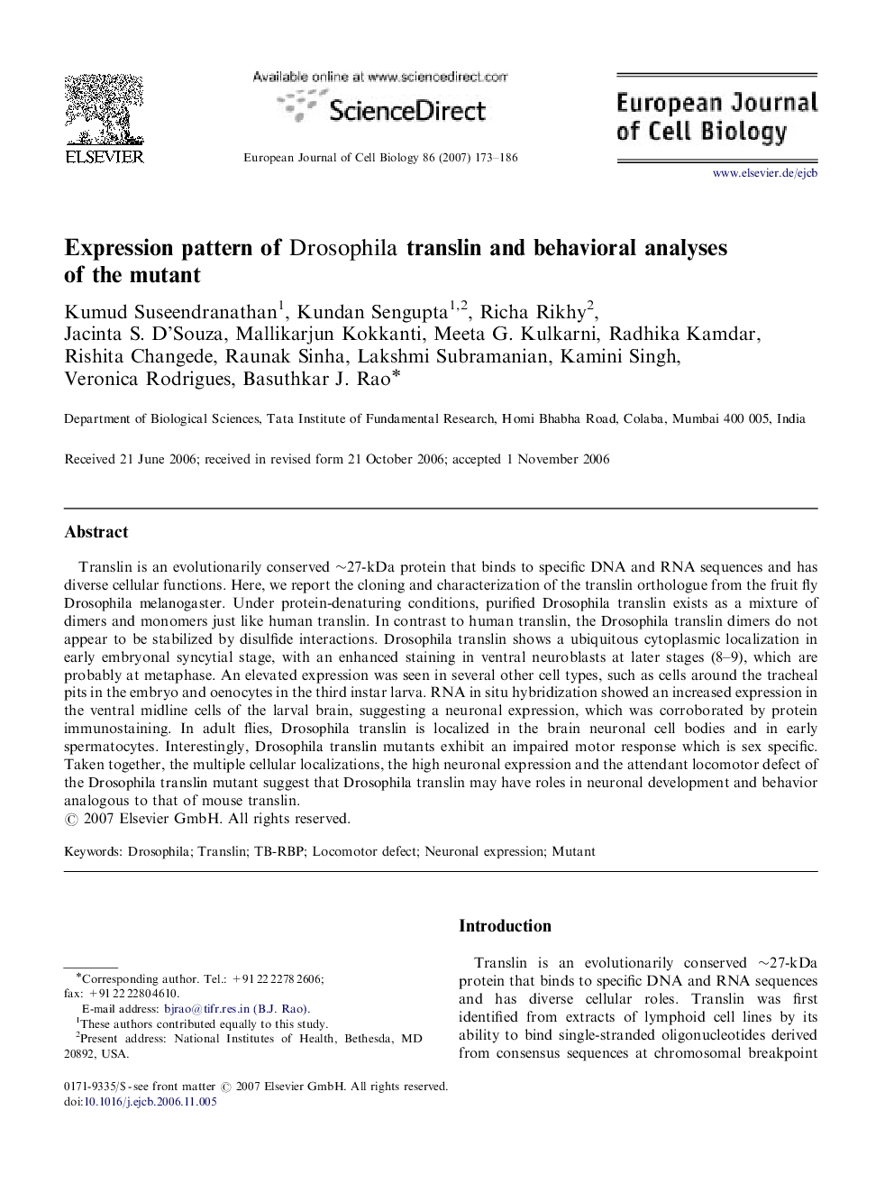 Expression pattern of Drosophila translin and behavioral analyses of the mutant