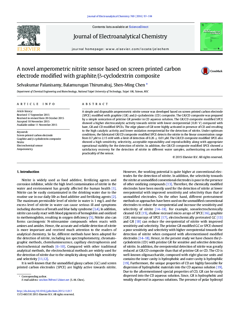 A novel amperometric nitrite sensor based on screen printed carbon electrode modified with graphite/β-cyclodextrin composite