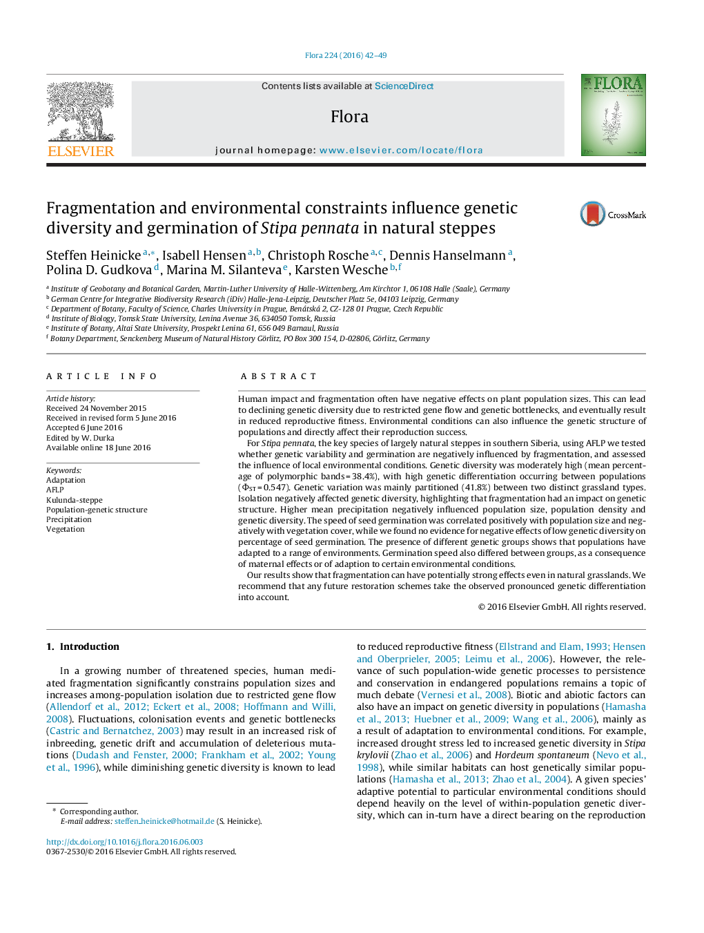 Fragmentation and environmental constraints influence genetic diversity and germination of Stipa pennata in natural steppes