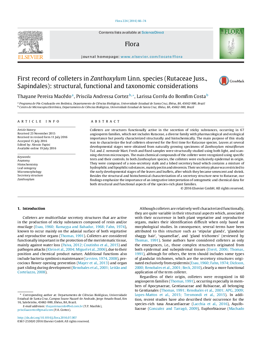 First record of colleters in Zanthoxylum Linn. species (Rutaceae Juss., Sapindales): structural, functional and taxonomic considerations