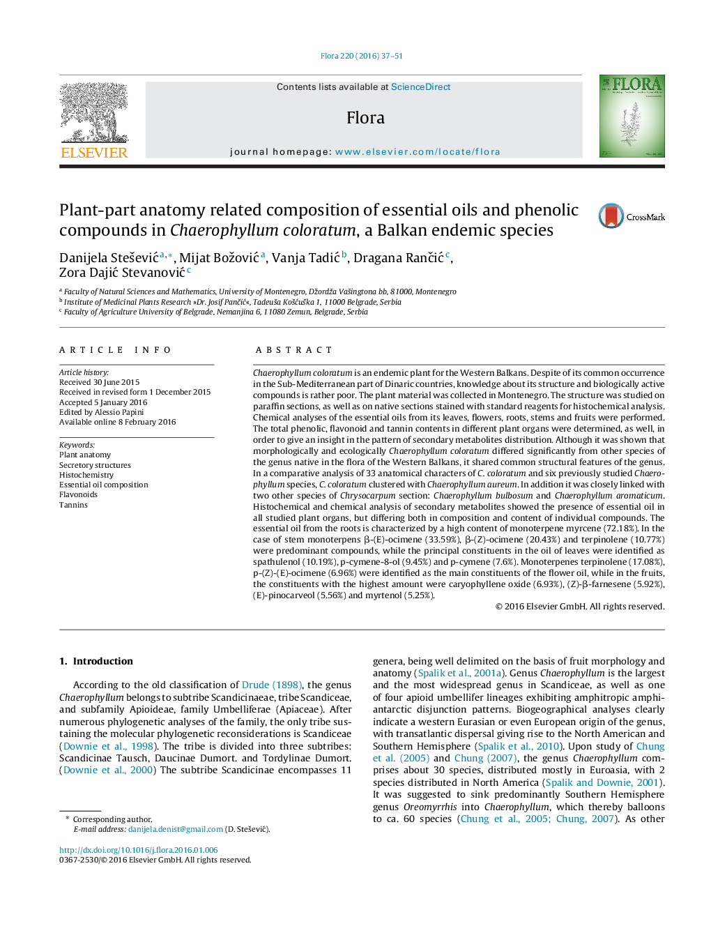 Plant-part anatomy related composition of essential oils and phenolic compounds in Chaerophyllum coloratum, a Balkan endemic species