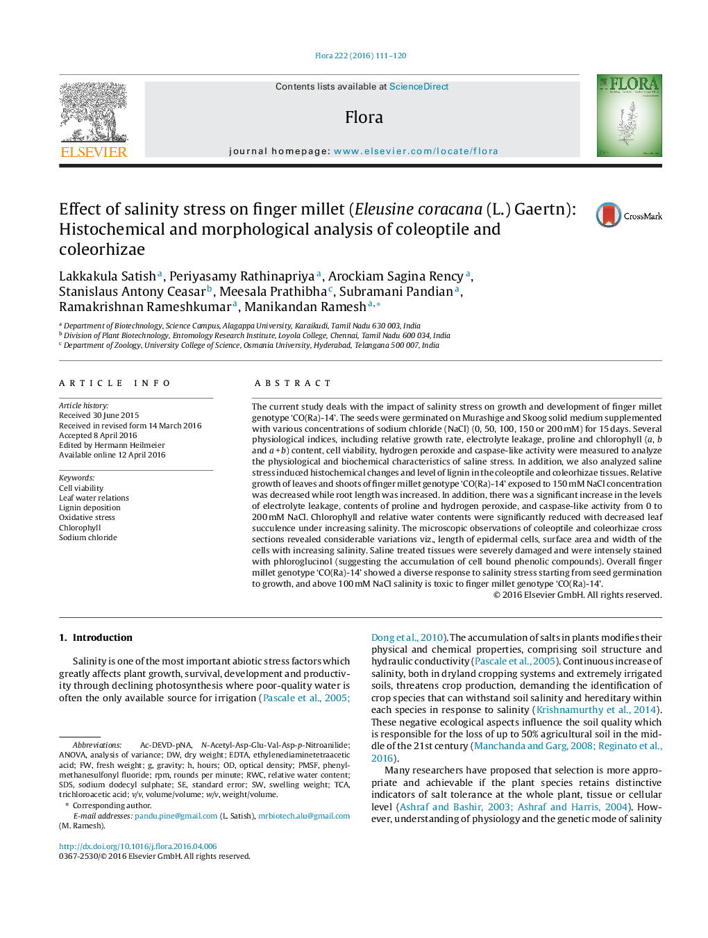 Effect of salinity stress on finger millet (Eleusine coracana (L.) Gaertn): Histochemical and morphological analysis of coleoptile and coleorhizae