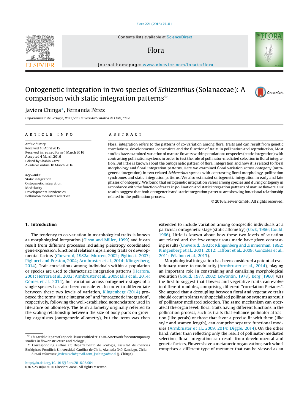 Ontogenetic integration in two species of Schizanthus (Solanaceae): A comparison with static integration patterns 