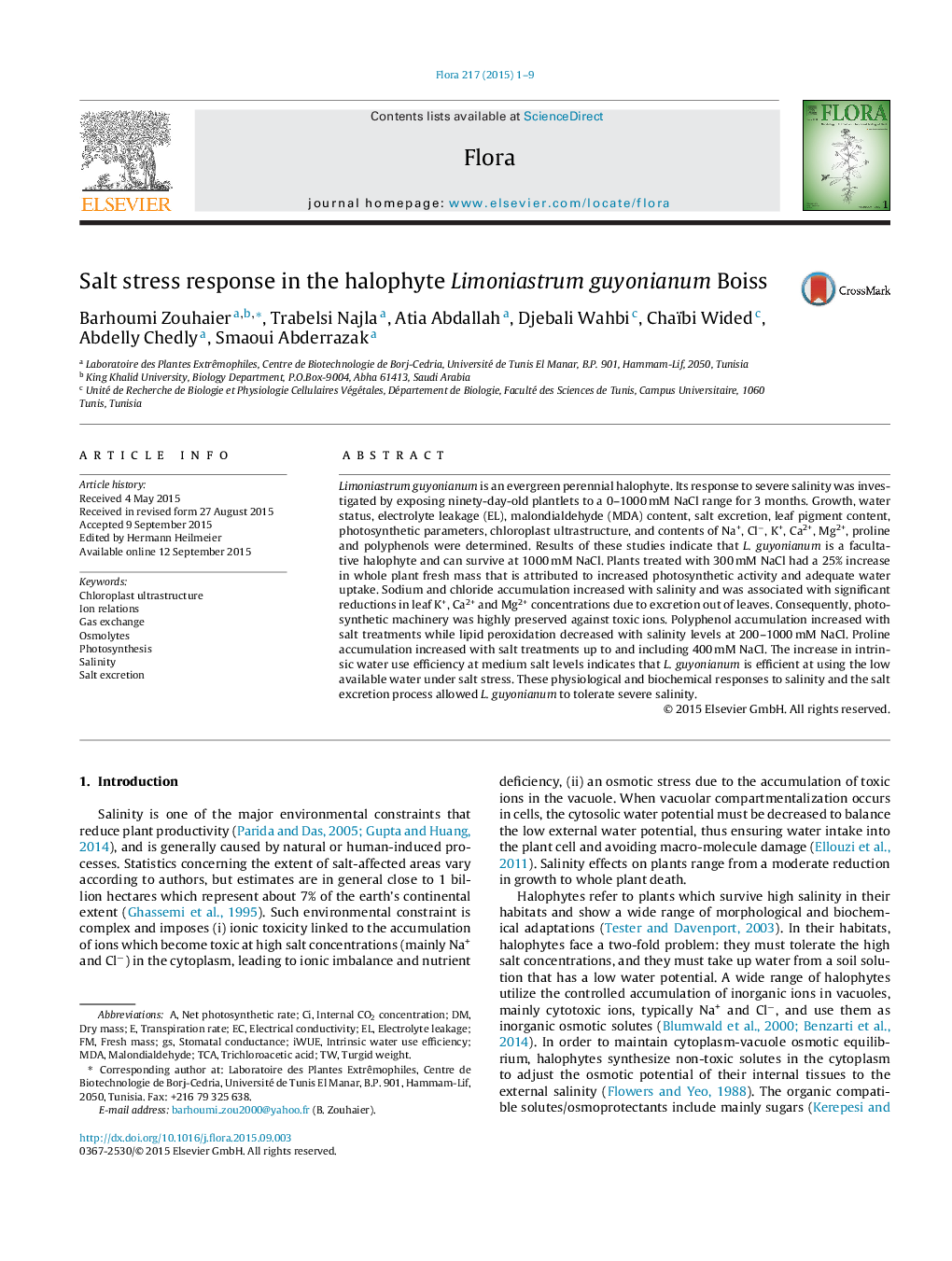 عکس صفحه اول مقاله: Salt stress response in the halophyte Limoniastrum guyonianum Boiss Salt stress response in the halophyte Limoniastrum guyonianum Boiss