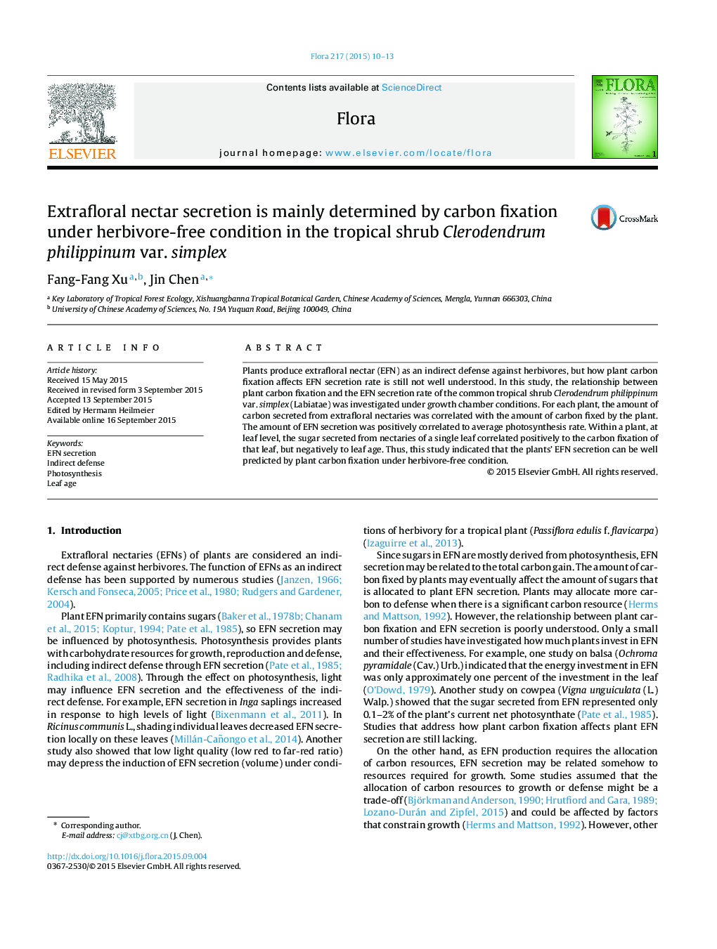 Extrafloral nectar secretion is mainly determined by carbon fixation under herbivore-free condition in the tropical shrub Clerodendrum philippinum var. simplex