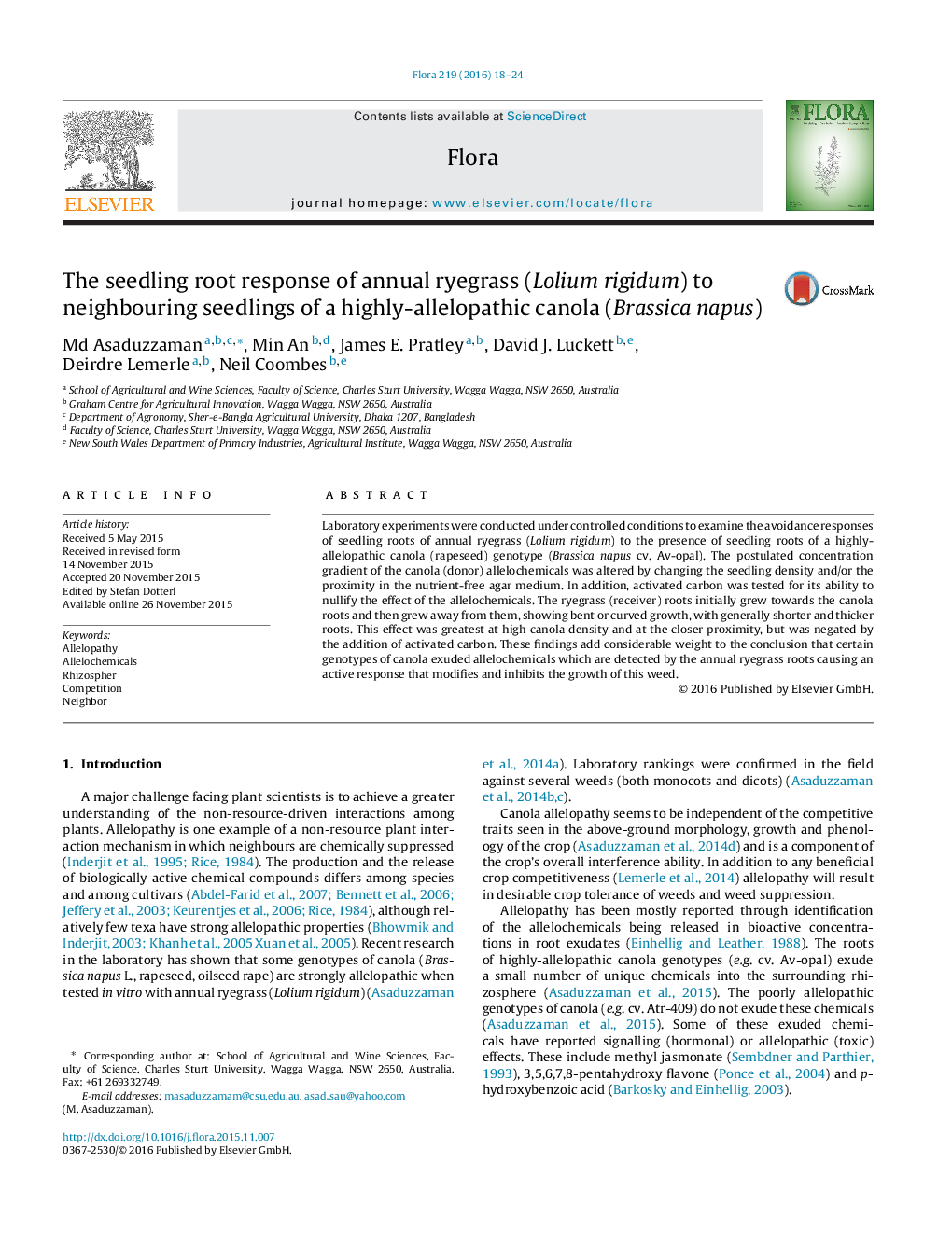 The seedling root response of annual ryegrass (Lolium rigidum) to neighbouring seedlings of a highly-allelopathic canola (Brassica napus)