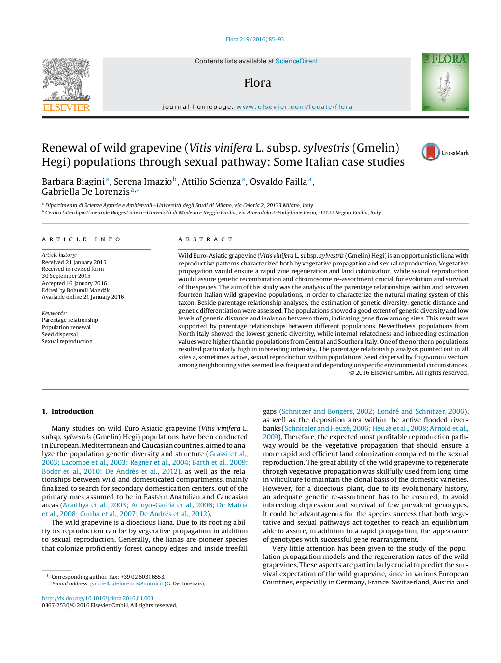 Renewal of wild grapevine (Vitis vinifera L. subsp. sylvestris (Gmelin) Hegi) populations through sexual pathway: Some Italian case studies