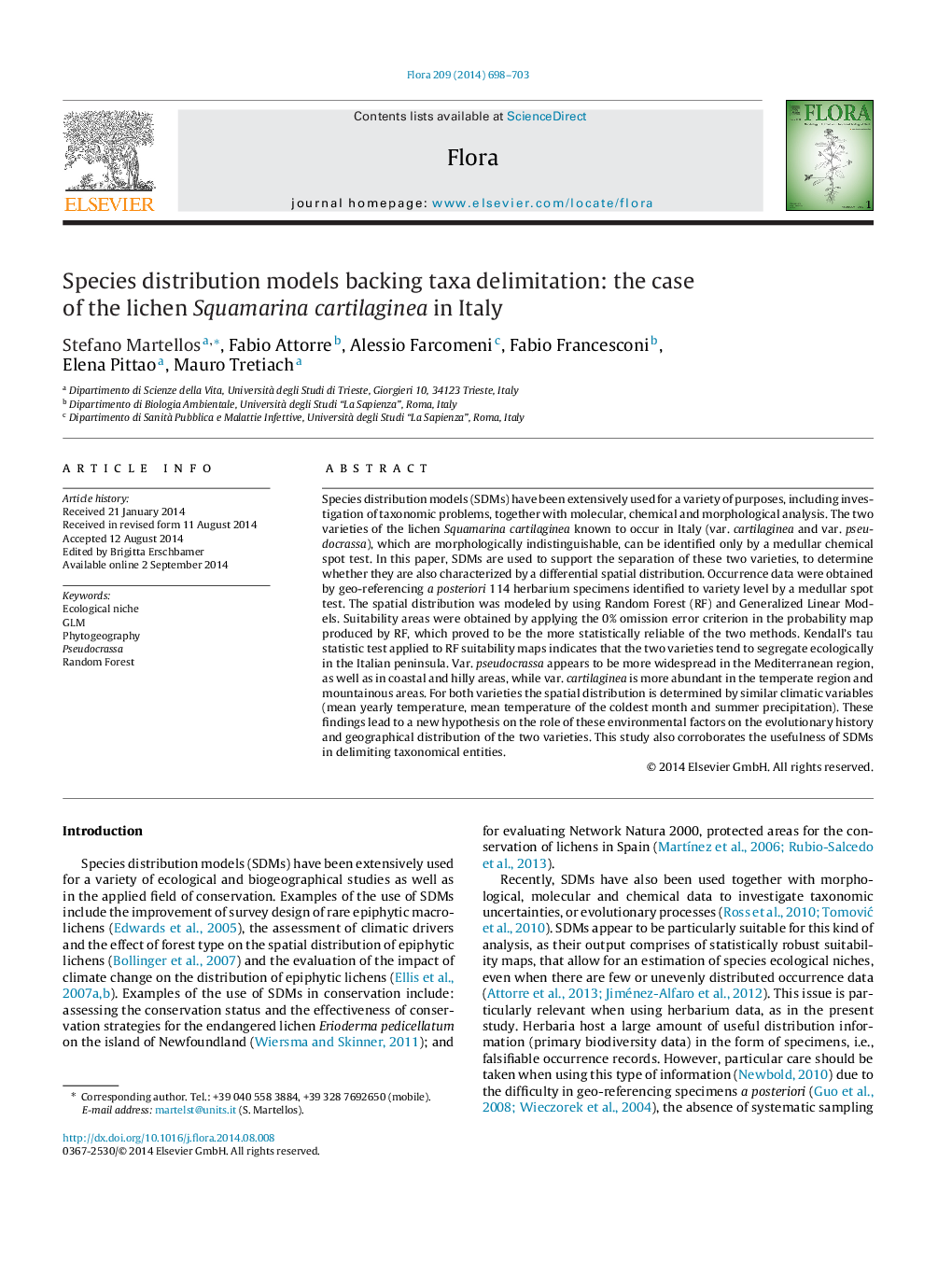 Species distribution models backing taxa delimitation: the case of the lichen Squamarina cartilaginea in Italy