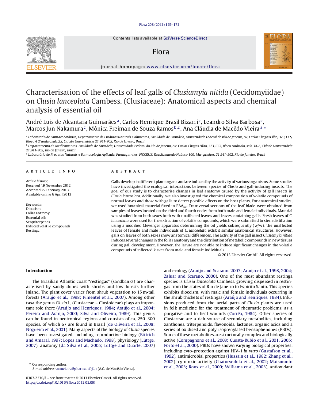 Characterisation of the effects of leaf galls of Clusiamyia nitida (Cecidomyiidae) on Clusia lanceolata Cambess. (Clusiaceae): Anatomical aspects and chemical analysis of essential oil