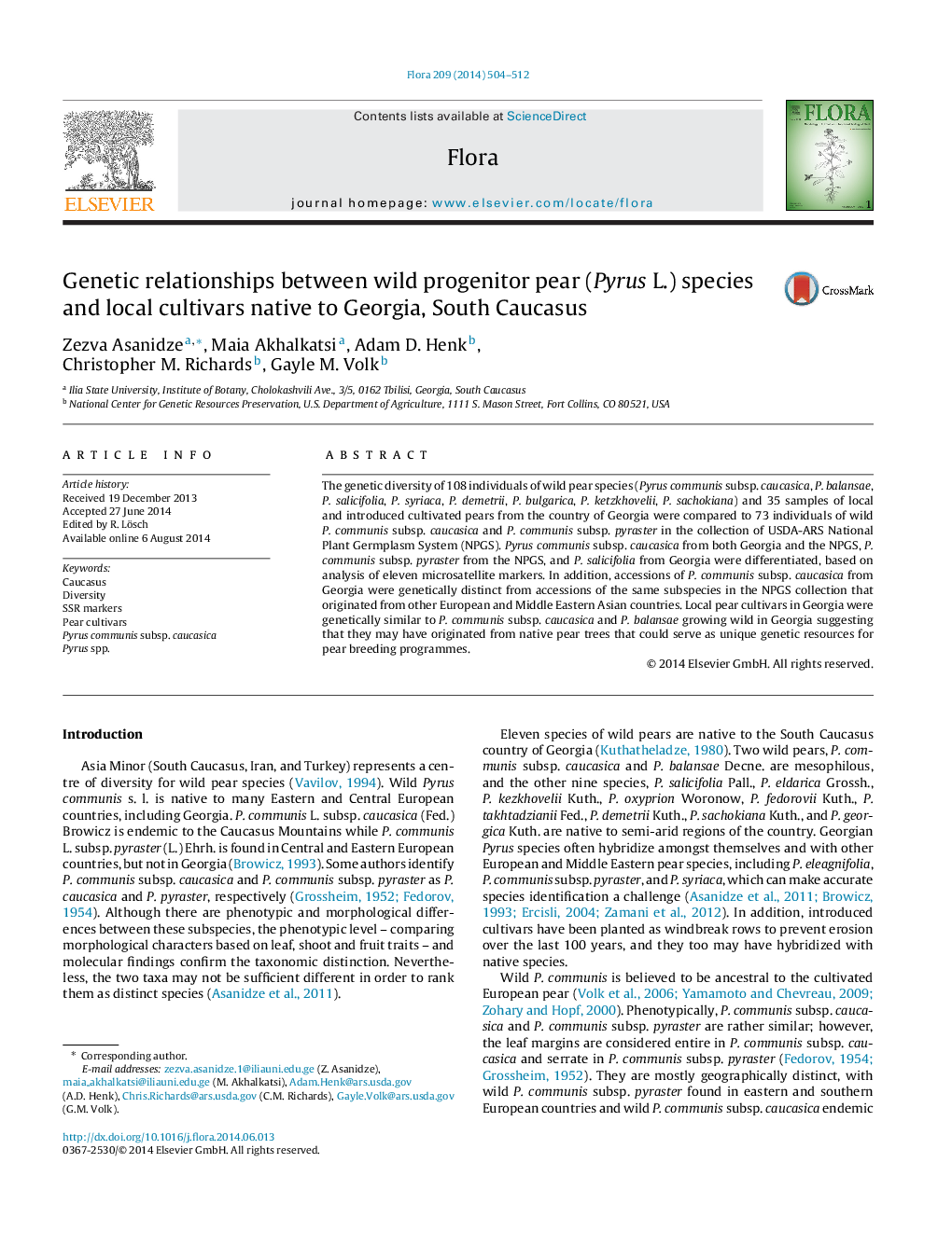 Genetic relationships between wild progenitor pear (Pyrus L.) species and local cultivars native to Georgia, South Caucasus