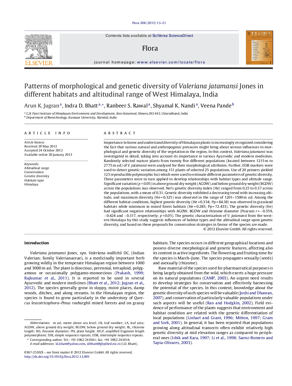 Patterns of morphological and genetic diversity of Valeriana jatamansi Jones in different habitats and altitudinal range of West Himalaya, India