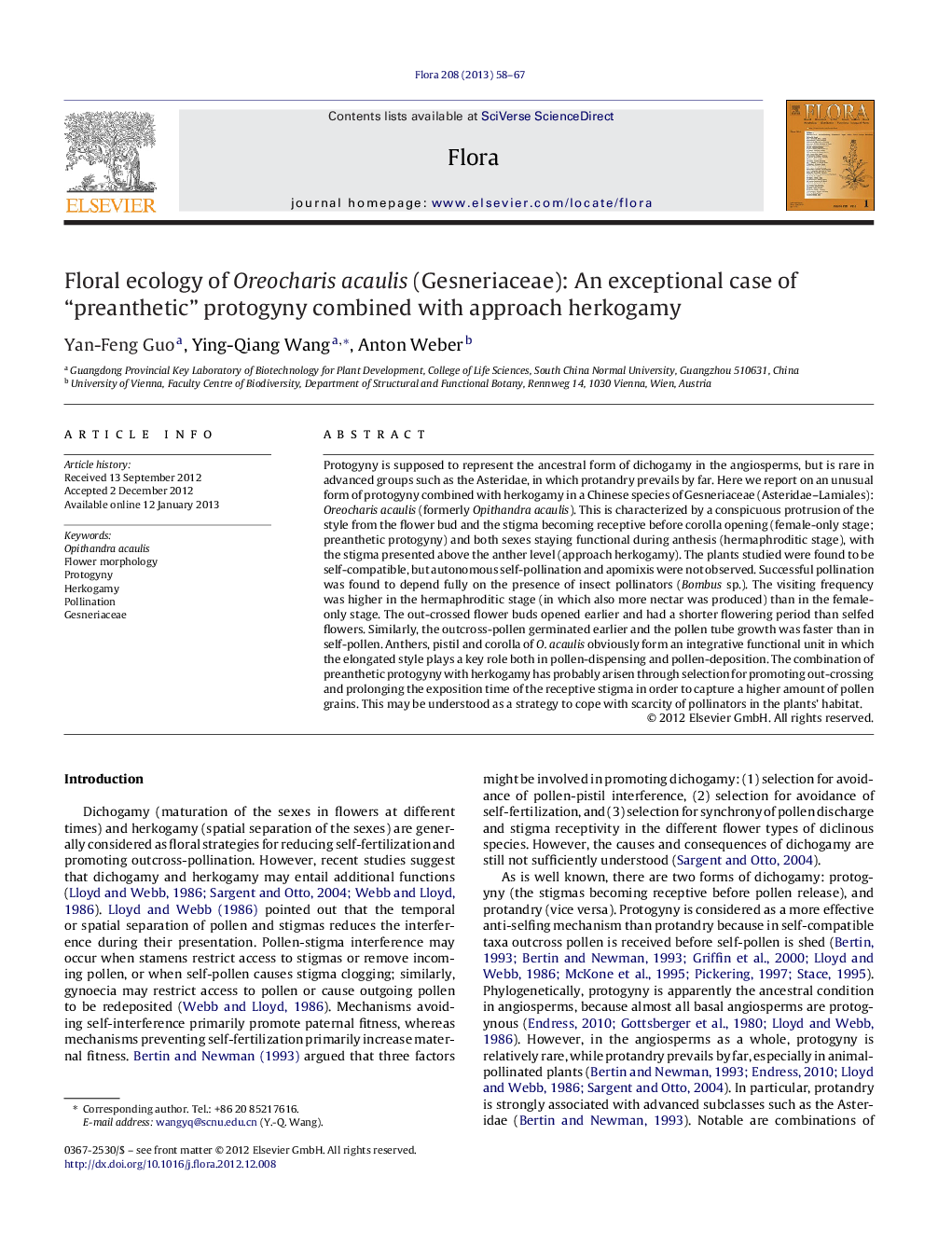 Floral ecology of Oreocharis acaulis (Gesneriaceae): An exceptional case of “preanthetic” protogyny combined with approach herkogamy