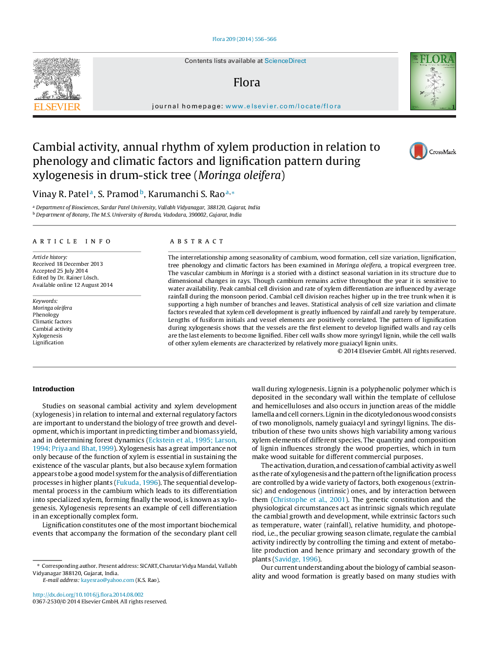 Cambial activity, annual rhythm of xylem production in relation to phenology and climatic factors and lignification pattern during xylogenesis in drum-stick tree (Moringa oleifera)