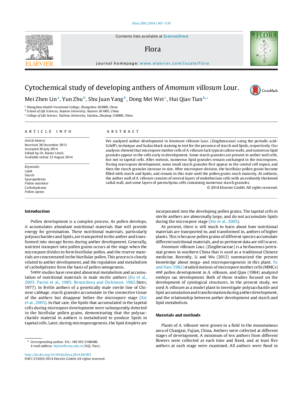 Cytochemical study of developing anthers of Amomum villosum Lour.