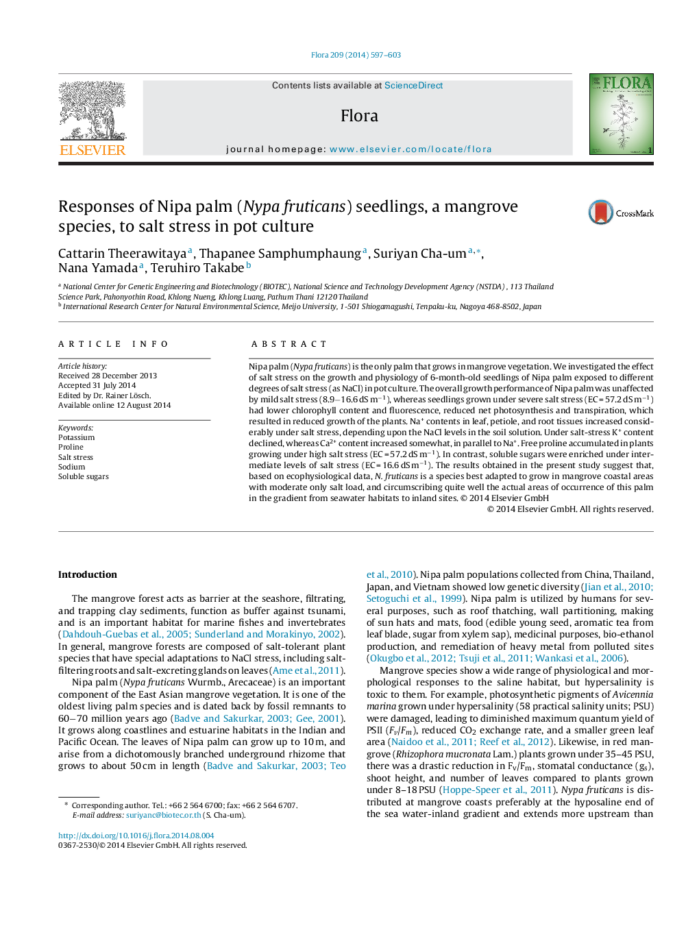 Responses of Nipa palm (Nypa fruticans) seedlings, a mangrove species, to salt stress in pot culture