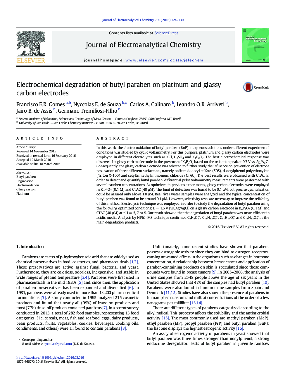 Electrochemical degradation of butyl paraben on platinum and glassy carbon electrodes