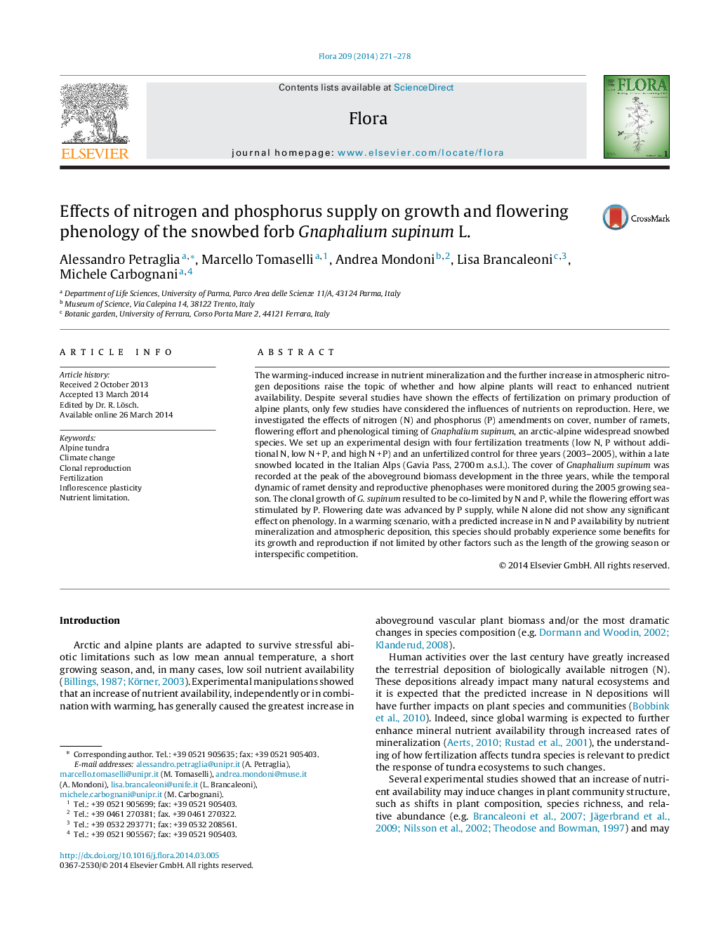 Effects of nitrogen and phosphorus supply on growth and flowering phenology of the snowbed forb Gnaphalium supinum L.