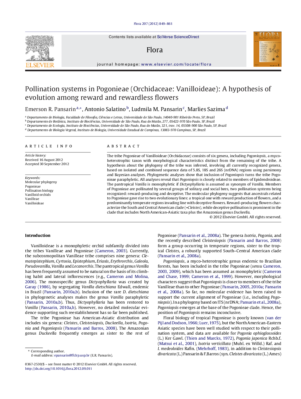 Pollination systems in Pogonieae (Orchidaceae: Vanilloideae): A hypothesis of evolution among reward and rewardless flowers