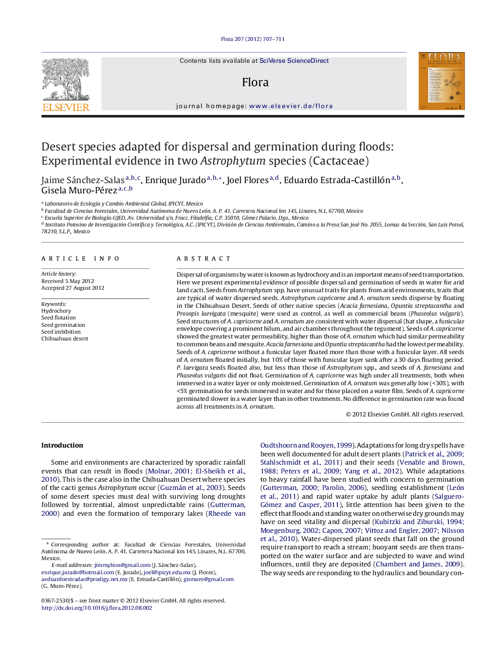 Desert species adapted for dispersal and germination during floods: Experimental evidence in two Astrophytum species (Cactaceae)