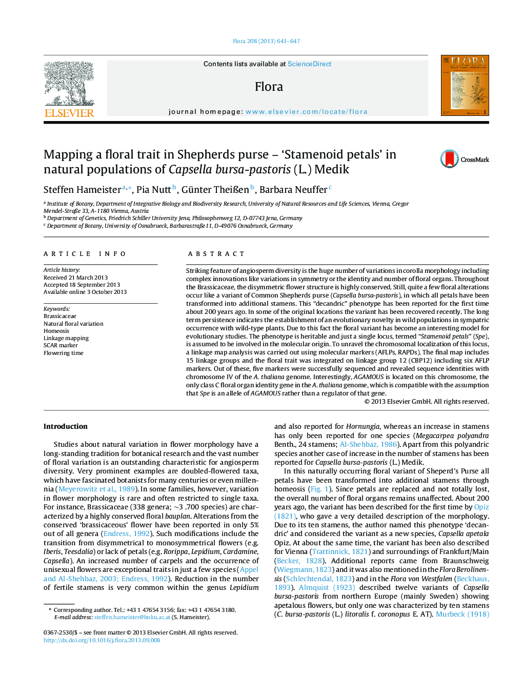 Mapping a floral trait in Shepherds purse – ‘Stamenoid petals’ in natural populations of Capsella bursa-pastoris (L.) Medik