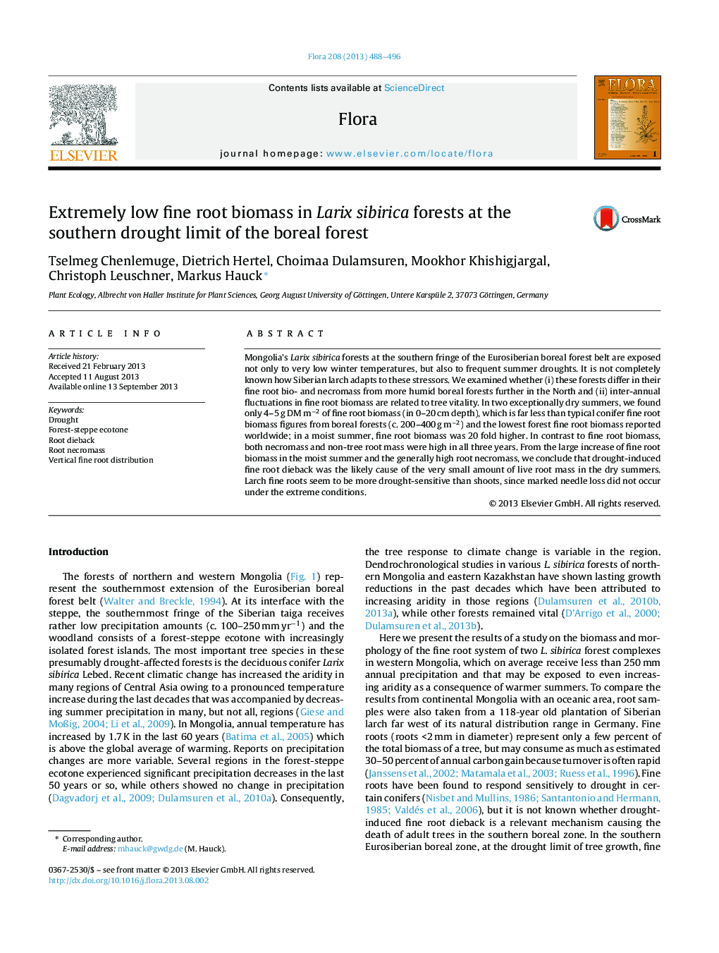 Extremely low fine root biomass in Larix sibirica forests at the southern drought limit of the boreal forest